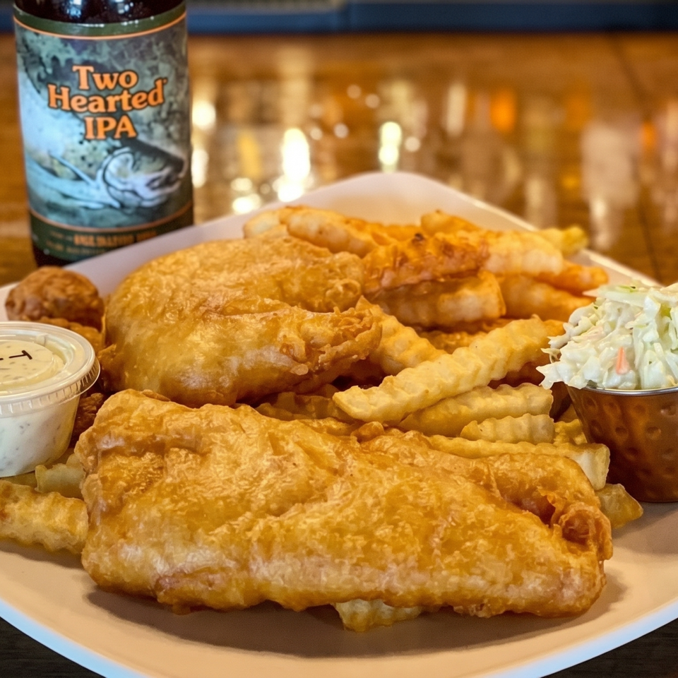 Fish and chips with coleslaw, tartar sauce, and a bottle of Two Hearted IPA.