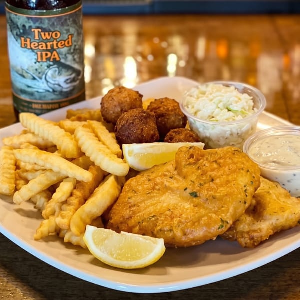 Fish and chips with hush puppies, coleslaw, tartar sauce, lemon, and a bottle of Two Hearted IPA.