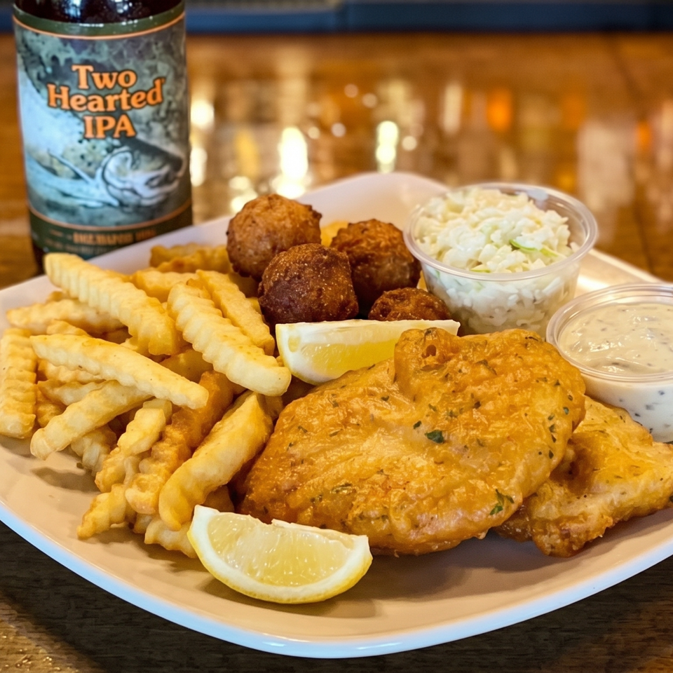 Fish and chips with hush puppies, coleslaw, tartar sauce, lemon, and a bottle of Two Hearted IPA.